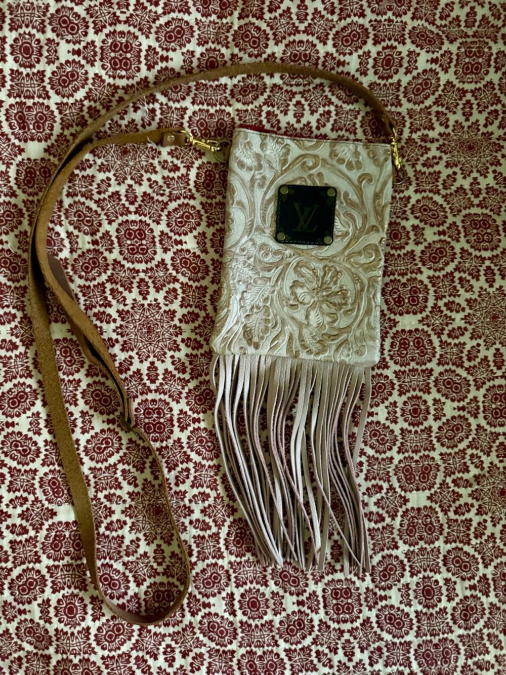 Upcycled LV Cream Embossed Fringe Crossbody Bag